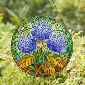 Stained Glass Hydrangea Flowers Variegated Leaves - Tiffany Style Art Decor Gift Stained Glass Suncatcher