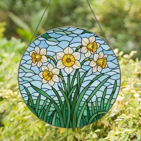 Daffodil Stained Glass Mosaic Art - Tiffany Style Blossoms & Sky Blue Green Mosaic Stained Glass Suncatcher