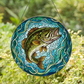 Largemouth Bass Stained Glass Fish - Tiffany Style Water Ripple Aquatic Underwater Scene Stained Glass Suncatcher