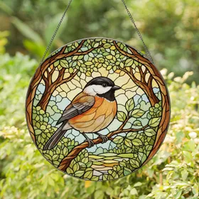 Chubby Chickadee Songbird Stained Glass Mosaic Branch Art - Tiffany Jewel Tone Decor Stained Glass Suncatcher