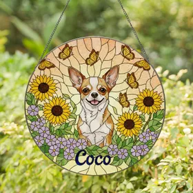 Chihuahua Coco Dog Stained Glass Butterflies Sunflowers Tiffany Style Art Mosaic Sky Stained Glass Suncatcher