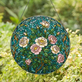 Tiffany Style Stained Glass Wild Rose Blossoms - Intricate Floral Garden Art Gift Stained Glass Suncatcher