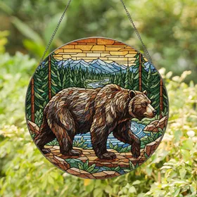 Majestic Grizzly Bear Stained Glass Tiffany Art - Mountain River Pine Forest Stained Glass Suncatcher