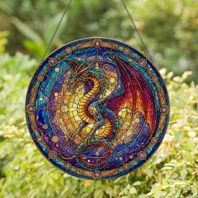 Tiffany Glass Fantasy Dragon Celestial Sky Arcane Symbols Translucent Jewel Tones Stained Glass Suncatcher
