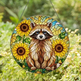 Raccoon Sunflowers Tiffany Stained Glass - Dappled Light Organic Mosaic Home Decor Stained Glass Suncatcher