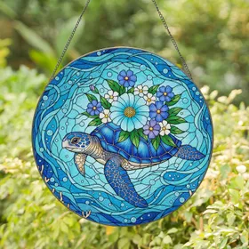 Tiffany Style Stained Glass Sea Turtle Ocean Coral Flowers Intricate Blue Water Patterns Stained Glass Suncatcher