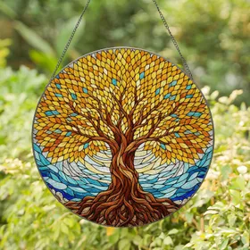 Tiffany Style Stained Glass Tree of Life Art Gnarled Roots & Vibrant Jewel Tones Stained Glass Suncatcher