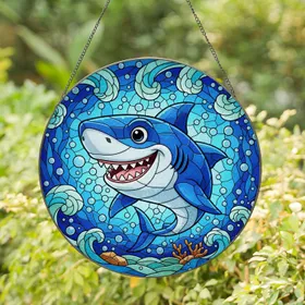 Playful Cartoon Shark Stained Glass Mosaic - Tiffany Style Ocean Jewel Tones Sea Life Art Stained Glass Suncatcher