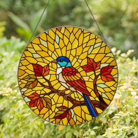 Tiffany Style Bird Stained Glass Art - Autumn Leaves & Colorful Mosaic Window Decor Stained Glass Suncatcher
