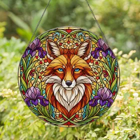 Highly Detailed Stained Glass Fox Head with Blue Eyes, Purple Flowers & Green Foliage Stained Glass Suncatcher