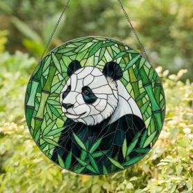 Serene Panda Bear Stained Glass Art - Lush Bamboo Forest Jewel Tone Intricate Design Stained Glass Suncatcher