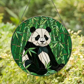 Friendly Panda Bear in Lush Bamboo Forest Stained Glass Art with Jewel Tone Patterns Stained Glass Suncatcher