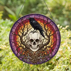 Realistic Skull Crow Stained Glass Mosaic - Gothic Dark Fantasy Tiffany Window Decor Stained Glass Suncatcher