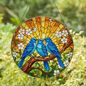 Three Blue Birds Stained Glass Tiffany Art - Blossoms Foliage Mosaic Sky Jewel Tones Stained Glass Suncatcher