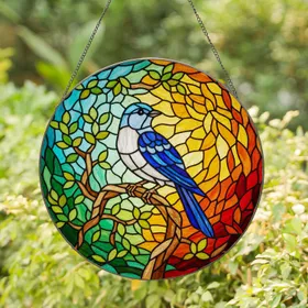 Stained Glass Bird Perched on Branch - Colorful Intricate Jewel Tone Mosaic Art Stained Glass Suncatcher