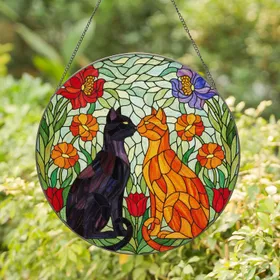 Tiffany Style Cats Nuzzle Stained Glass Botanical Flowers Jewel Tone Home Decor Gift Stained Glass Suncatcher