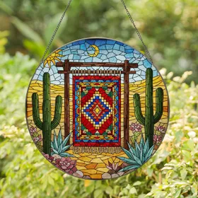 Southwestern Rug Tapestry Saguaro Cactus Desert Mosaic Glowing Tiffany Glass Art Stained Glass Suncatcher