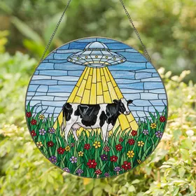 Holstein Cow UFO Beam Light Stained Glass Pastoral Scene - Farm Alien Countryside Decor Stained Glass Suncatcher