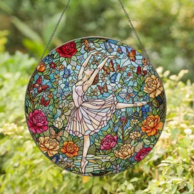 Intricate Tiffany Edge-to-Edge Stained Glass Ballet Dancer Butterflies Garden Art Stained Glass Suncatcher
