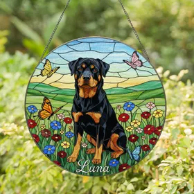 Rottweiler Dog Luna Tiffany Stained Glass - Wildflower Meadow Butterflies Art for Dog Lovers Stained Glass Suncatcher