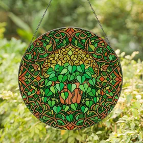 Tiffany Stained Glass Potted Plant Heart Leaves Emerald Green Amber Floral Mosaic Art Stained Glass Suncatcher