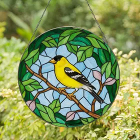 Vibrant Goldfinch Bird Tiffany Stained Glass - Intricate Nature Foliage & Pink Blooms Art Stained Glass Suncatcher