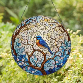 Colorful Bluebird Stained Glass Tiffany Art - Jewel Tone Garden Mosaic Branch Scene Stained Glass Suncatcher