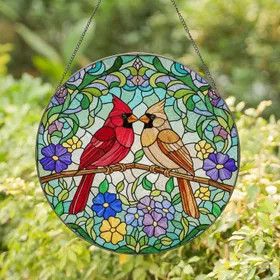 Two Cardinals Stained Glass Art - Affectionate Bird Couple Floral Mosaic Tiffany Style Stained Glass Suncatcher
