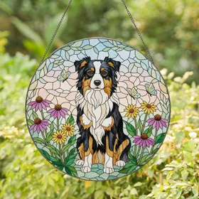 Tri-Color Australian Shepherd Stained Glass Art, Coneflowers, Daisies, Butterflies Gift Stained Glass Suncatcher