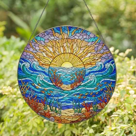 Tiffany Style Stained Glass Ocean Scene - Split View Sun Rays, Marine Life, Coral Reef Decor Stained Glass Suncatcher