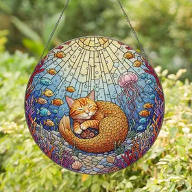 Orange Mer-cat Sleeping Underwater Reef Stained Glass - Glowing Jewel Tones Design Stained Glass Suncatcher