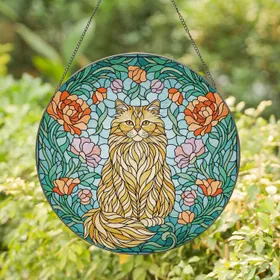 Fluffy Persian Cat Tiffany Style Stained Glass Mosaic with Peach & Lavender Blossoms Stained Glass Suncatcher