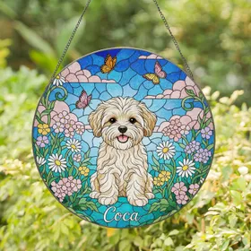 Bichon Frise Puppy Coca Tiffany Stained Glass Wildflower Butterfly Mosaic Sky Art Stained Glass Suncatcher