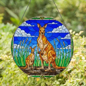 Tiffany Stained Glass Adult Kangaroo Joey Amber Orange Blue Sky Green Reeds Mosaic Stained Glass Suncatcher