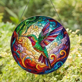 Hummingbird Stained Glass Tiffany Style Botanical Foliage Window Decor Gift Stained Glass Suncatcher