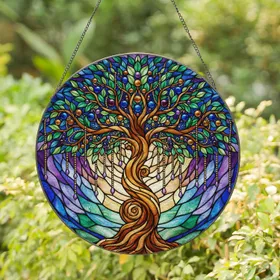 Luminous Tree of Life Stained Glass Artwork, Tiffany Style Jewel Tones & Purple Gold Beads Stained Glass Suncatcher