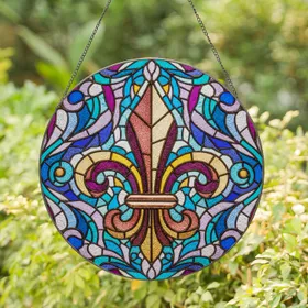Fleur-de-lis Stained Glass Tiffany Jewel Tone Mosaic Art - Royal Purple Gold Teal Stained Glass Suncatcher