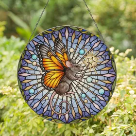 Monarch Winged Mouse Magic Wand Stained Glass Orbs - Intricate Tiffany Style Window Decor Stained Glass Suncatcher