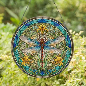 Majestic Dragonfly Stained Glass Tiffany Style Art Nouveau Jewel Tone Concentric Patterns Stained Glass Suncatcher