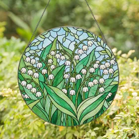 Lily of the Valley Flowers Tiffany Stained Glass - White Bell Bloom & Green Leaf Art Stained Glass Suncatcher