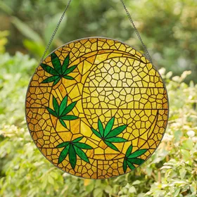 Tiffany Style Stained Glass Crescent Moon Cannabis Leaf Mosaic Jewel Tones Stained Glass Suncatcher