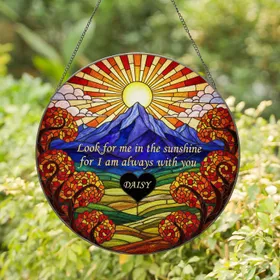 Sunrise Mountain Stained Glass Autumn Trees Daisy Heart Always With You Remembrance Gift Stained Glass Suncatcher