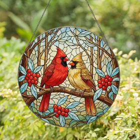 Cardinal Birds Stained Glass Style - Red Berries Blue Leaves Nature Window Decor Gift Stained Glass Suncatcher