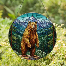 Brown Bear Stained Glass Mountain Forest - Tiffany Style Wildlife Nature Art Decor Stained Glass Suncatcher