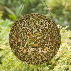 Camouflage Egg Deer Antler 'EGG HUNTER' Banner - Stained Glass Look Forest Decor Gift for Hunters Stained Glass Suncatcher