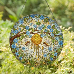 Tree Branch Golden Honeycomb Bees Blue Flowers Green Leaves - Tiffany Glass Mosaic Sky Stained Glass Suncatcher