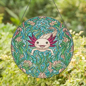 Smiling Axolotl Stained Glass Tiffany Style Mosaic Art Glow - Aquatic Flora Jewel Tone Decor Stained Glass Suncatcher