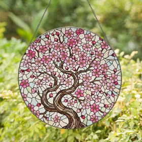 Detailed Edge-to-Edge Cherry Blossom Tree Stained Glass Mosaic Pink Blossoms Tiffany Style Jewel Tones Stained Glass Suncatcher