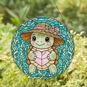 Baby Turtle Straw Hat Pink Heart Stained Glass Mosaic Aquatic Plants Water Ripple Art Gift Stained Glass Suncatcher