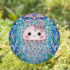 Kawaii Jellyfish Stained Glass Ocean Tiffany Art Pink Bow Swirling Currents Aquatic Plants Stained Glass Suncatcher